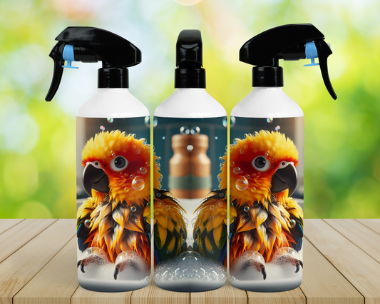 Sun Conure in a Bubble Bath Mirror Image 16oz Misting Spray Bottle