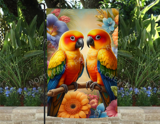 Sun Conure Pair on Branch with Flowers Garden Flag