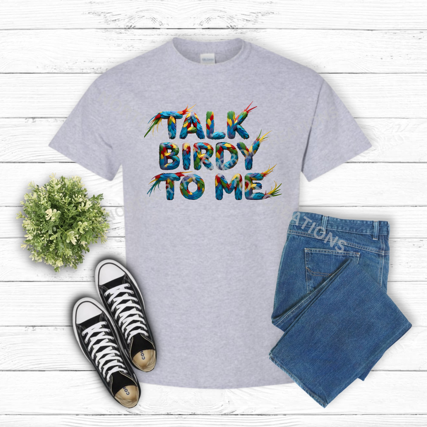 "Talk Birdy to Me" Parrot Feathers wording 100%Cotton Shirt