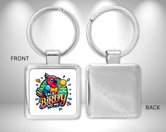 "Talk Birdy to Me" White Background Square Metal Keychain