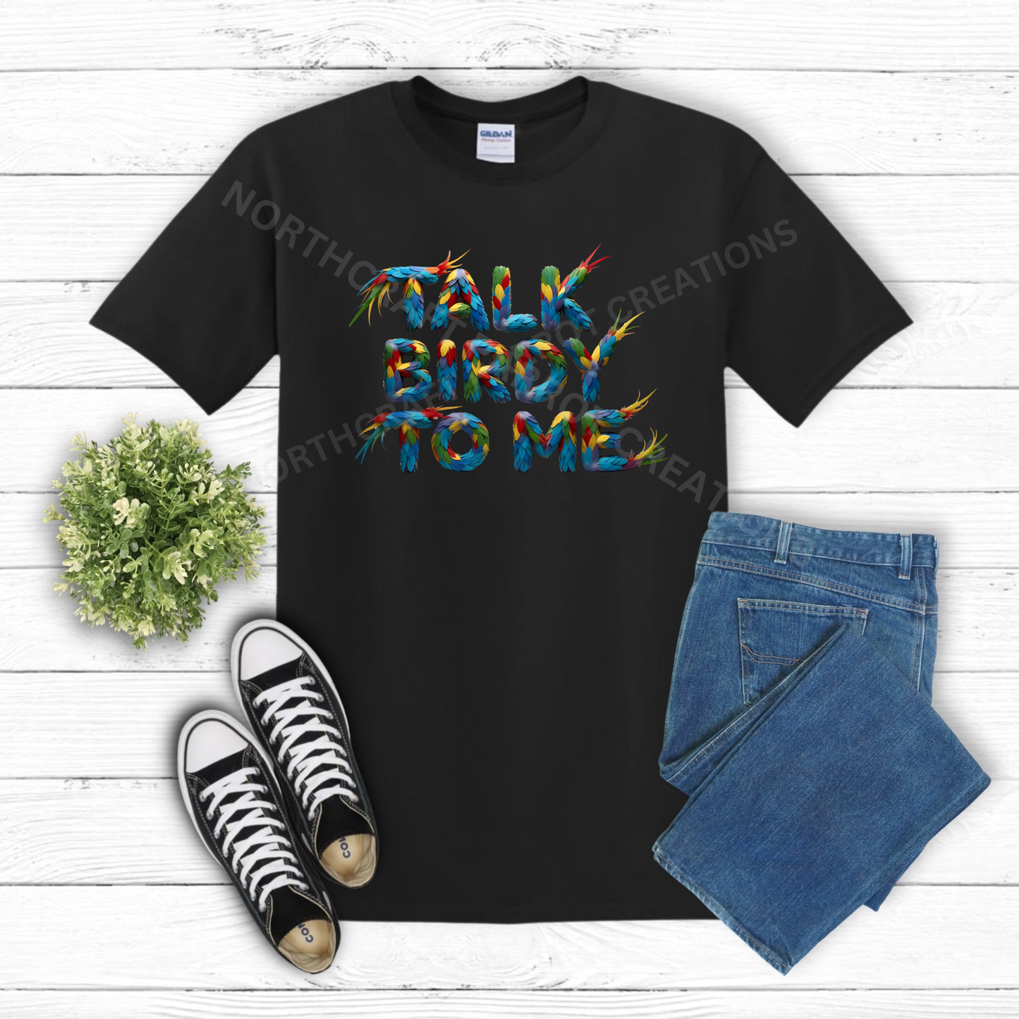"Talk Birdy to Me" Parrot Feathers wording 100%Cotton Shirt