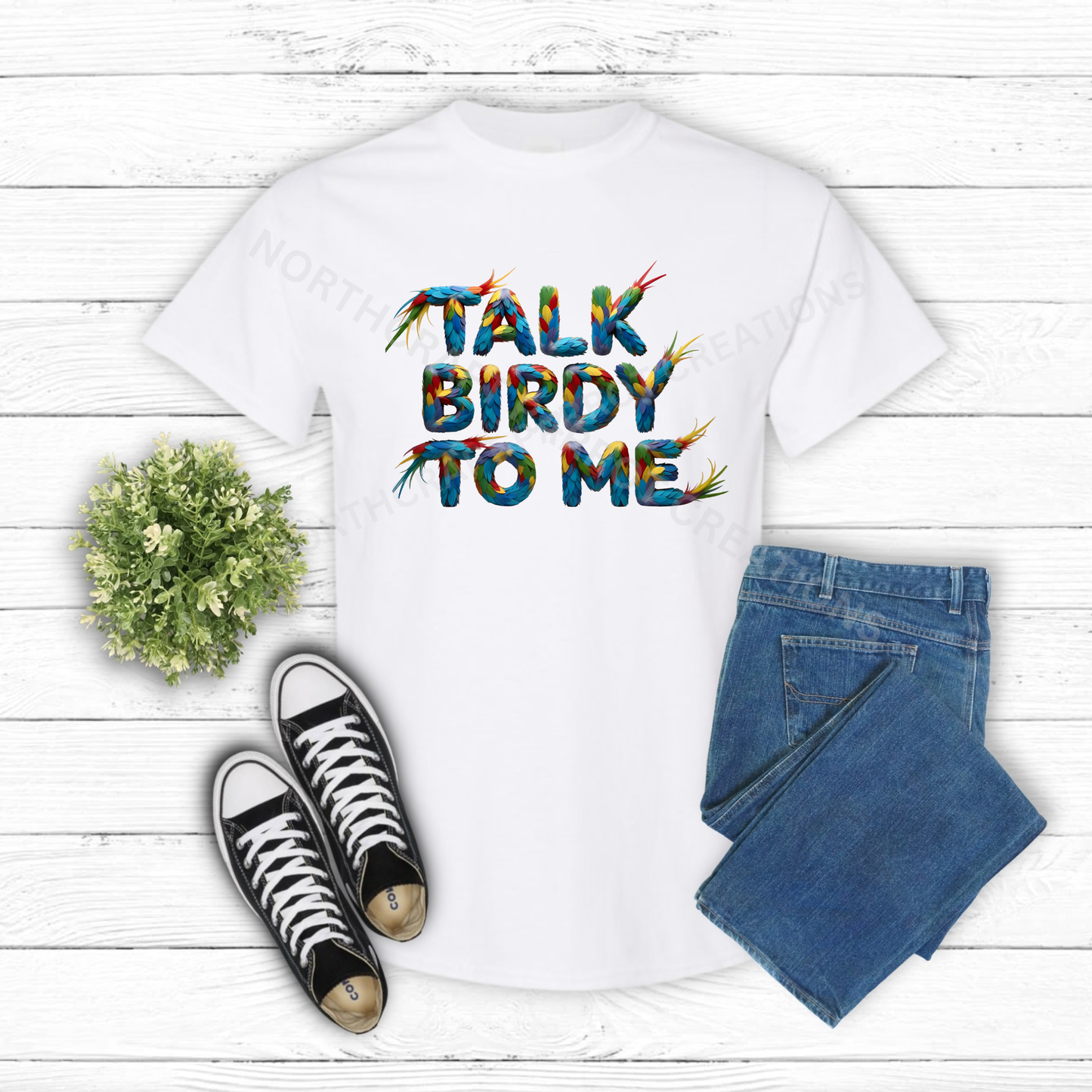"Talk Birdy to Me" Parrot Feathers wording 100%Cotton Shirt