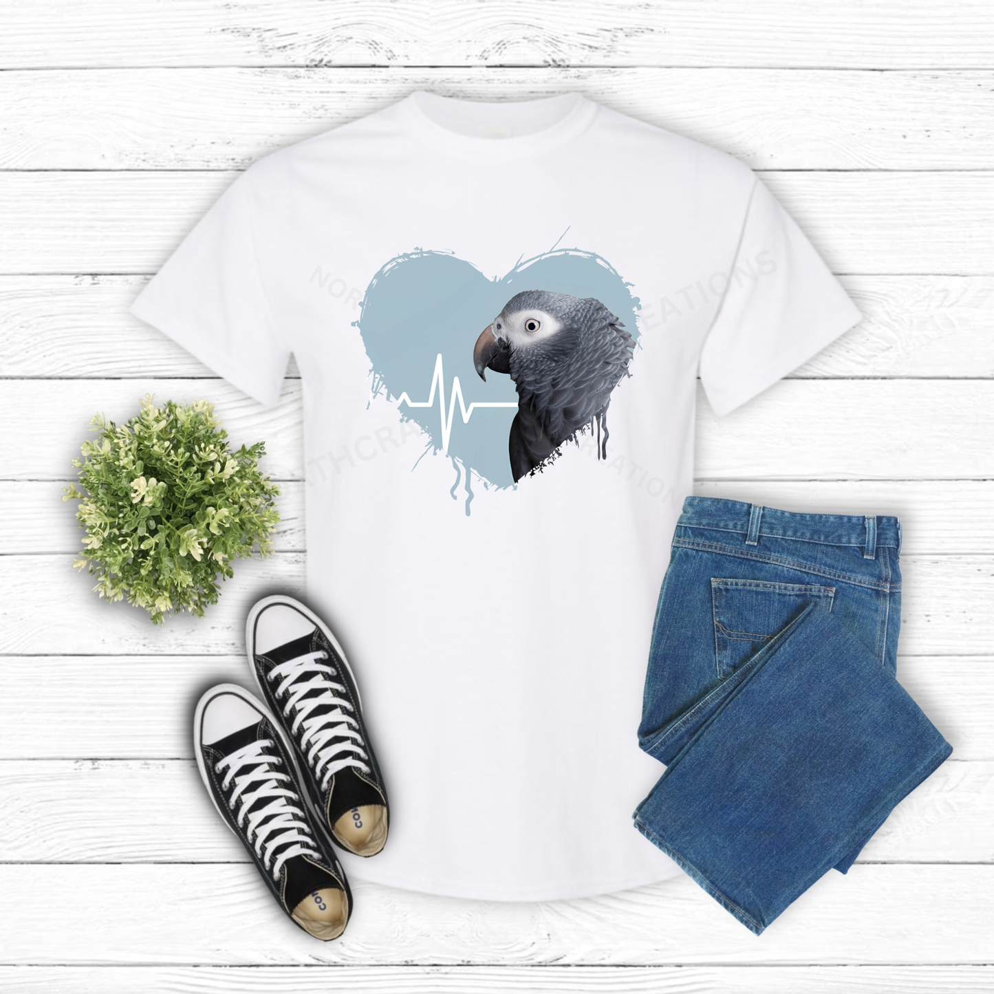 Timneh African Grey in heart with heartbeat line 100% Cotton Shirt