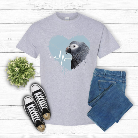 Timneh African Grey in heart with heartbeat line 100% Cotton Shirt