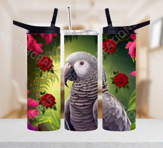 Timneh African Grey with Flowers 20oz or 30oz Tumbler