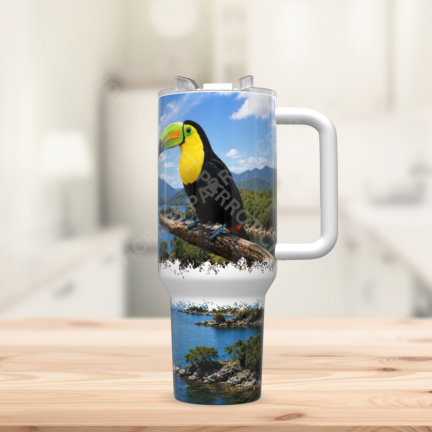 Toucan on a Branch by a Lake 40oz Stainless Steel Parrot Tumbler