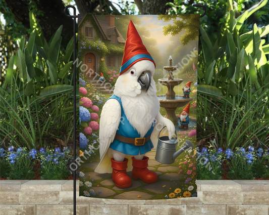 Umbrella Cockatoo Dressed as Gnome with Watering Can Garden Flag