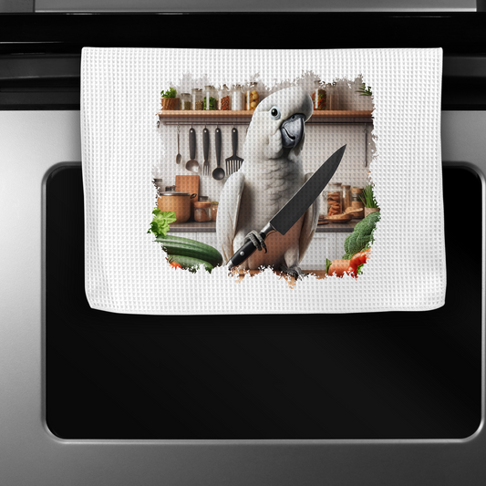 Umbrella Cockatoo Holding a Knife Microfiber Kitchen Towel