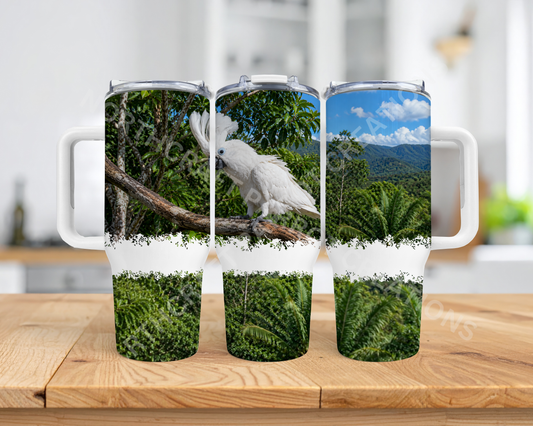Umbrella Cockatoo on Branch with Sky 40oz Stainless Steel Parrot Tumbler