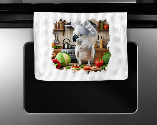 Umbrella Cockatoo Wearing a Chef Hat Microfiber Kitchen Towel