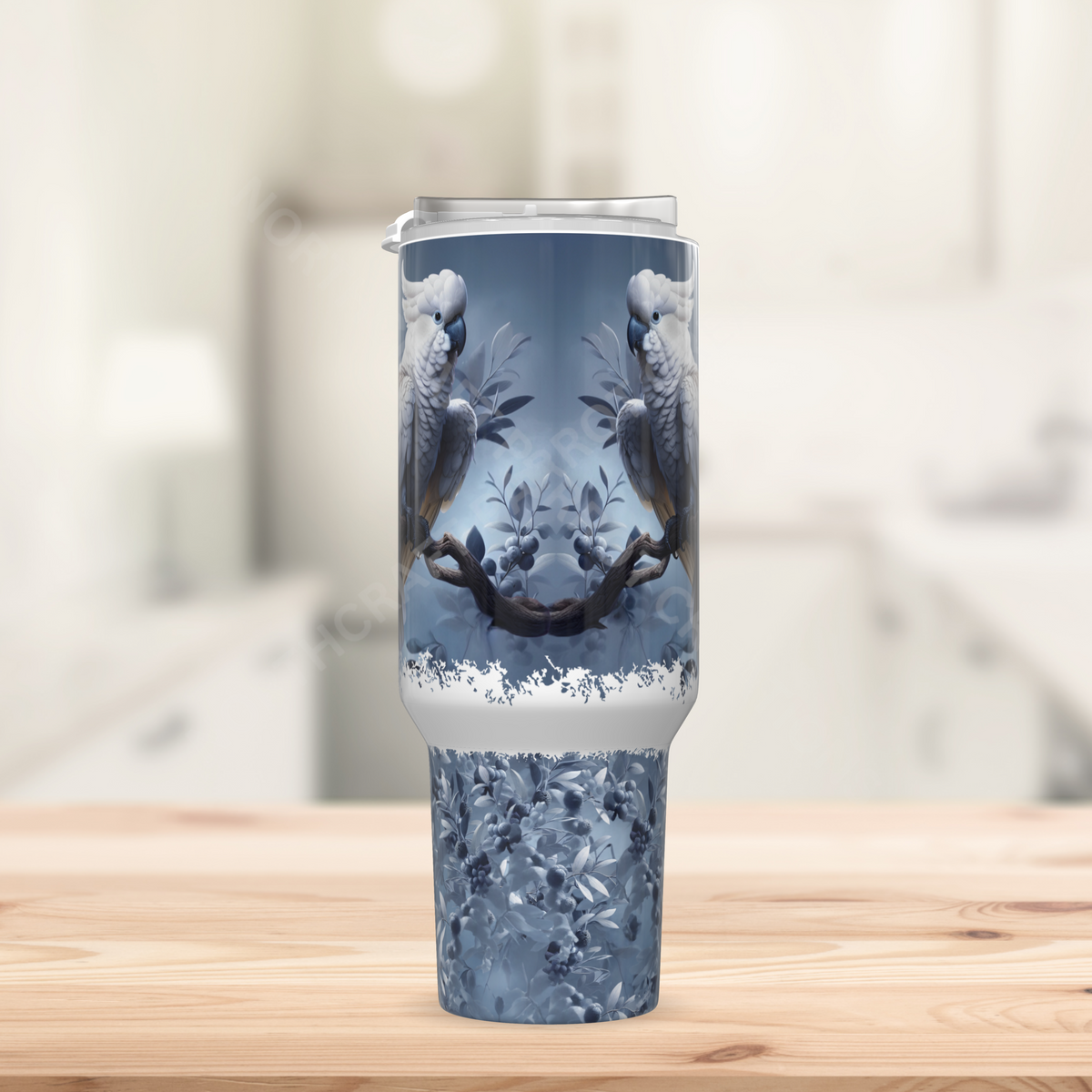 Umbrella Cockatoo on a Greyish Blue Background 40oz Stainless Steel Tumbler