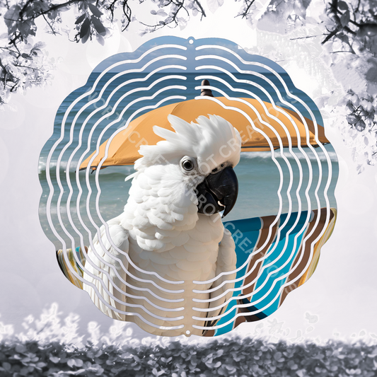 Umbrella Cockatoo on a Beach with an Umbrella 8" or 10" Wind Spinner