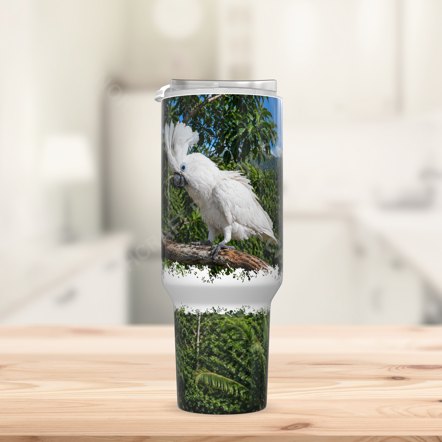 Umbrella Cockatoo on Branch with Sky 40oz Stainless Steel Parrot Tumbler