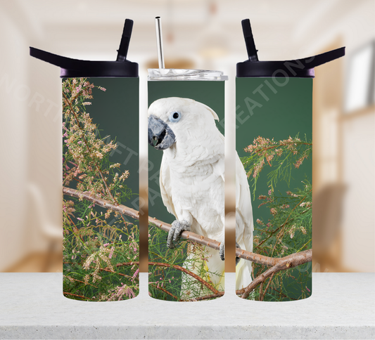 Umbrella Cockatoo on Flowered Branch 20oz or 30oz Tumbler