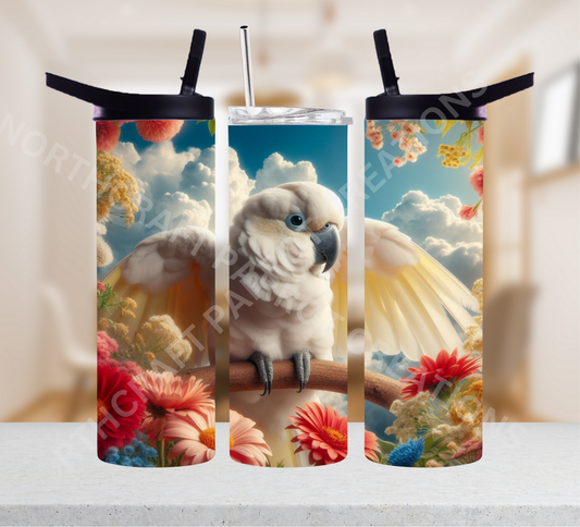 Umbrella Cockatoo with Clouds and Flowers 20oz or 30oz Tumbler