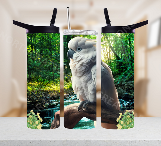 Umbrella Cockatoo with Stream Background 20oz or 30oz Tumbler