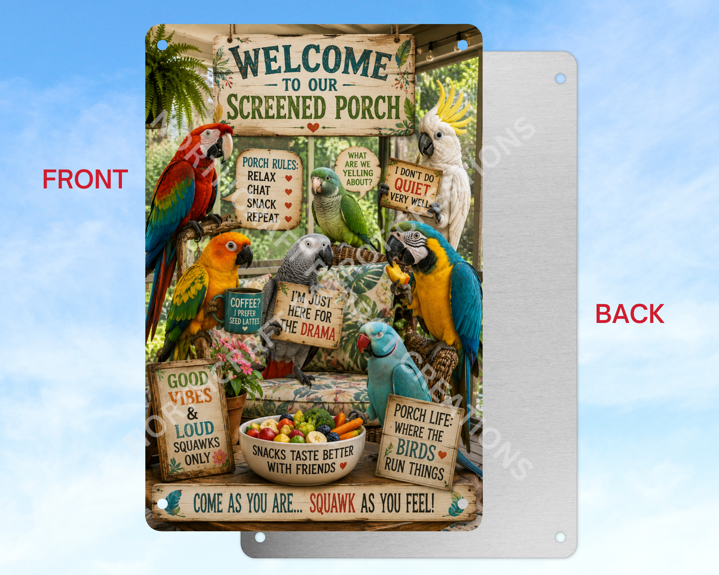 Welcome To Our Screened Porch Aluminum Parrot Sign